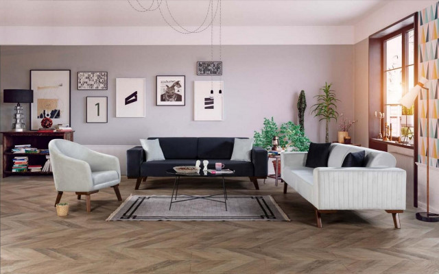 Black Sofa 3-Seater Upholstered Couch Living Room Wood Furniture