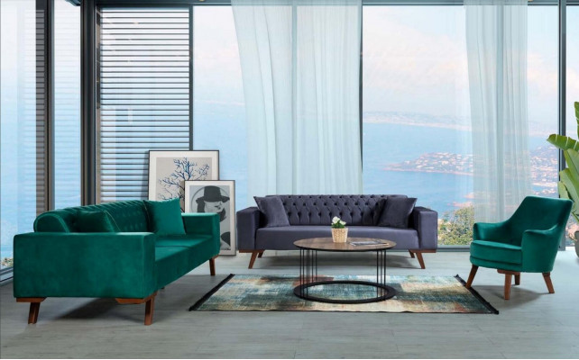 Design sofa three-seater modern couch gray furniture upholstery wood.