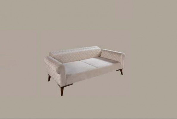 Beige three-seater couch elegant sofa seating living room velvet