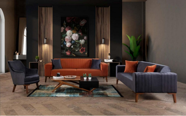 Gray three-seater couch elegant sofa seating furniture living room velvet.