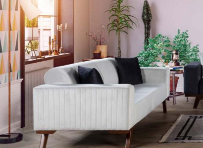 Modern upholstered couch, three-seater sofa, furniture, white velvet fabric