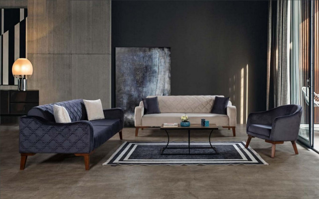 Beige three-seater couch elegant sofa living room seating velvet
