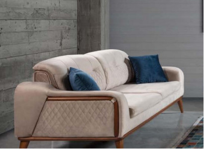 Beige couch living room three-seater seat cushion sofa furniture velvet wood