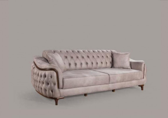 Beige Chesterfield Couch Three-Seater Seat Cushion Sofa Furniture Velvet Wood