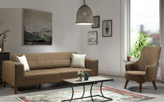 3+1 Seat Upholstered Sofa Set Upholstered Furniture Brown Fabric