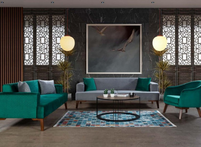 Sofa set 3+3+1 seater designer living landscape gray turquoise green