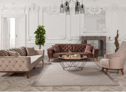 Sofa set Sofa 3+3+1 Seat Brown Armchair Fabric Chesterfield Velvet