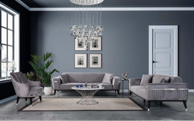 Sofa set 3+3+1 seater sofa, sofas, armchair, fabric, wood, gray couches.