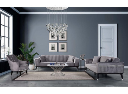 Sofa set 3+3+1 seater sofa, sofas, armchair, fabric, wood, gray couches.