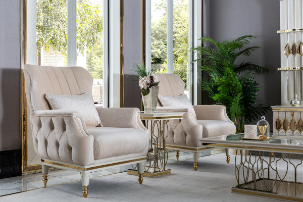 Chair Beige Elegant Upholstery Fabric 1-Seater Chesterfield Modern Living Room New