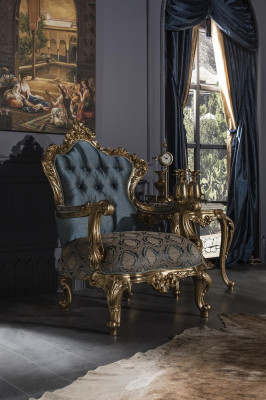 Blue Armchair Elegant Living Room Upholstery Fabric Design Classic Luxury Beautiful New