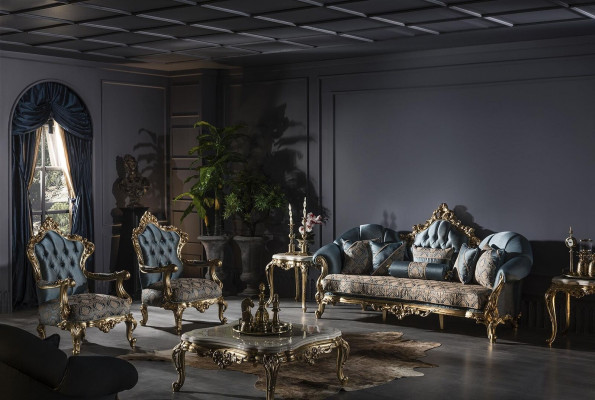 Blue Armchair Elegant Living Room Upholstery Fabric Design Classic Luxury Beautiful New