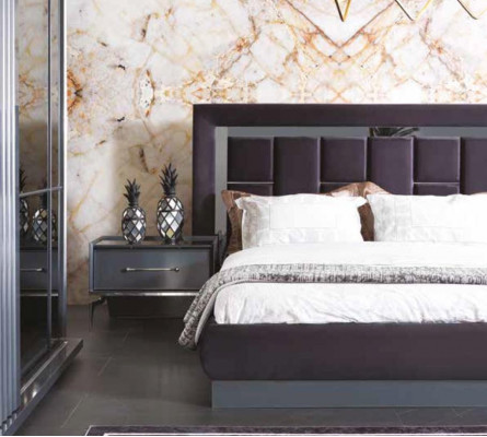 Modern Bedroom Set Gray Bed 2x Nightstand Wardrobe Dresser 5-piece set.