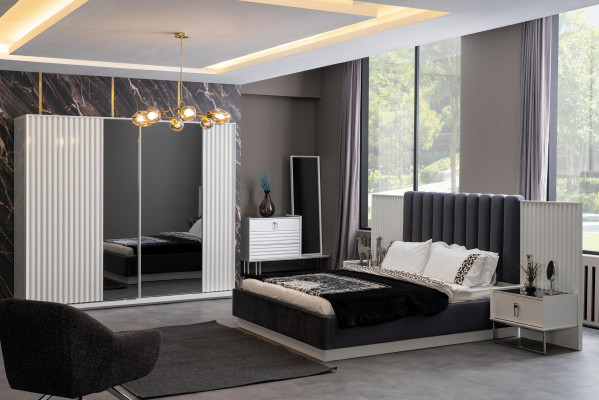 Complete bedroom set: bed, nightstand, wardrobe, dresser, design 5-piece.