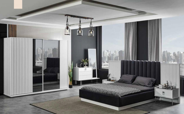 Complete bedroom set: bed, nightstand, wardrobe, dresser, design 5-piece.