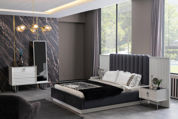 Complete bedroom set: bed, nightstand, wardrobe, dresser, design 5-piece.