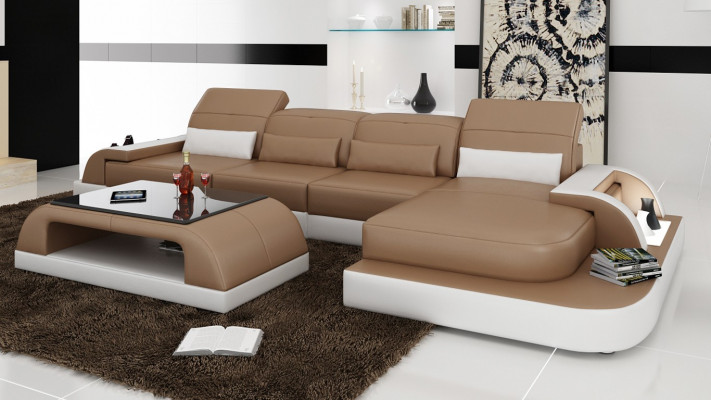 Brown L-shaped Sofa Couch Upholstery Set Living Landscape Design Corner Sofa Leather