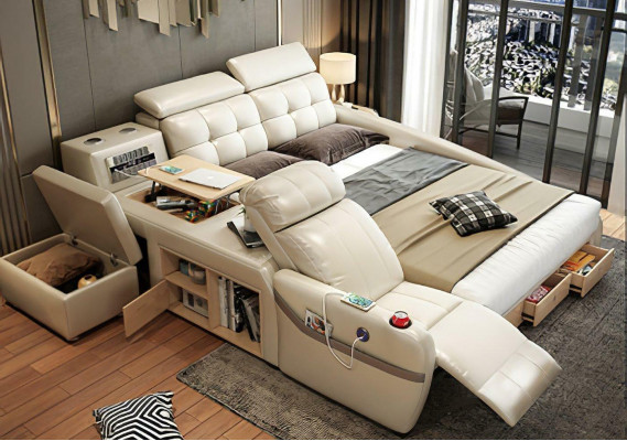 Bed Massage Lounger Multifunction Beds Upholstery USB Shelf Leather Upholstery Luxury