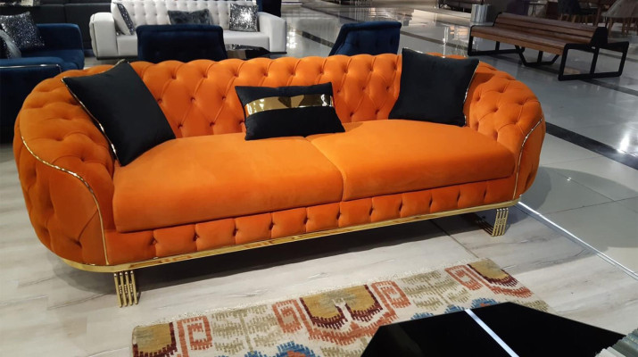 Stylish 3-seater Chesterfield sofa, orange modern living room furniture