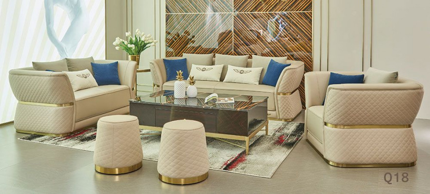 4-piece upholstered set designer sofa set 3-2-1 seating, 2x stool, sofa, couch