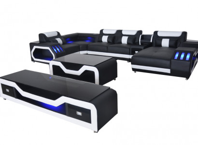 Leather Sofa Corner Set Design Sofa Living Landscape + Couch Table + RTV USB New