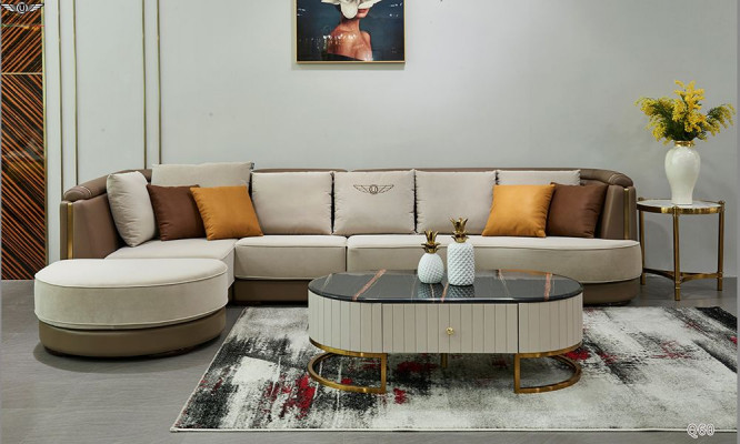 Sectional sofa in L shape, coffee table, sofa, couch design, upholstery, textile, modern, beige.