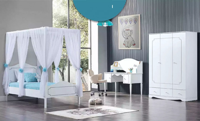 Children's room bedroom bed canopy bed 100x200cm white wood beds