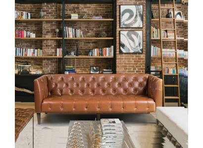 Men's Club Chesterfield Sofa Couch Leather Upholstery Three-Seater Brown