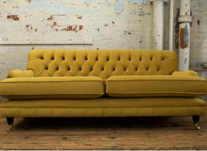 Yellow Chesterfield fabric upholstery three-seater living room couch design