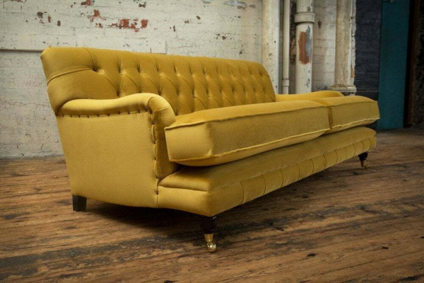 Yellow Chesterfield fabric upholstery three-seater living room couch design