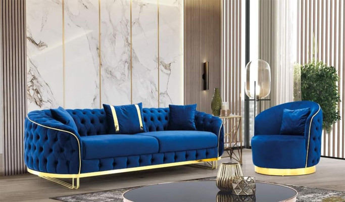 Designer blue color living room set consisting of 3-seater sofa and armchair 2-piece set.
