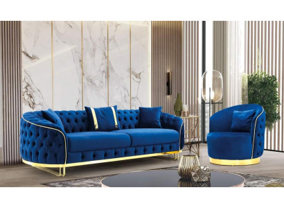 Designer blue color living room set consisting of 3-seater sofa and armchair 2-piece set.