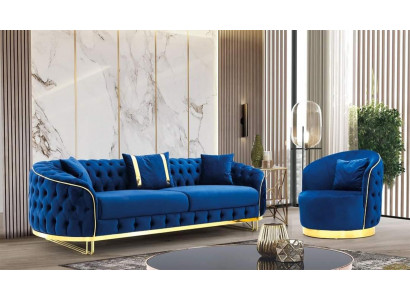 Designer blue color living room set consisting of 3-seater sofa and armchair 2-piece set.