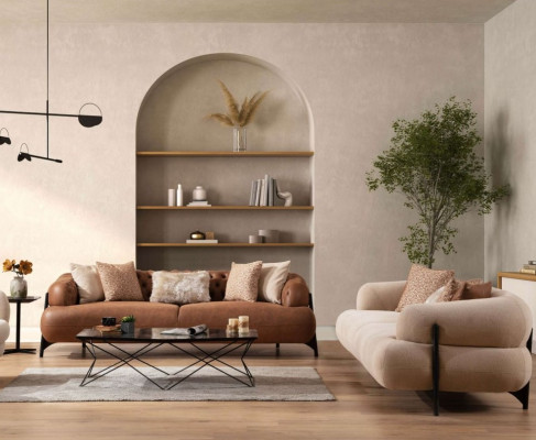 White-Brown Sofa Set Designer Upholstered Furniture Exclusive Couches