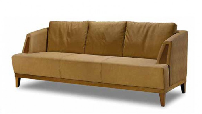 Brown three-seater upholstered fabric couch, elegant living room furniture.