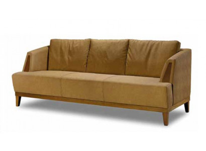 Brown three-seater upholstered fabric couch, elegant living room furniture.
