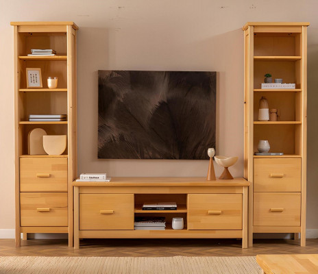Luxurious Beige Living Room Set RTV Stand 2x Wooden Display Cabinets 3-piece Set