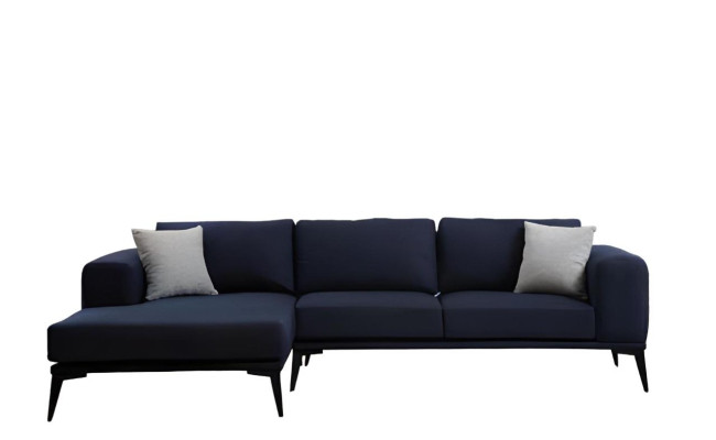 L-shaped corner sofa, dark blue, solid color, textile material with cushions, living room.