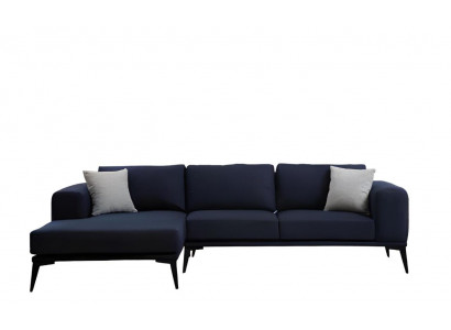 L-shaped corner sofa, dark blue, solid color, textile material with cushions, living room.