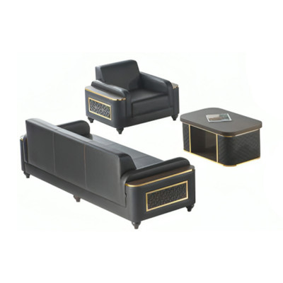 Black 3-seater sofa, armchair, brown coffee table, modern design, study room