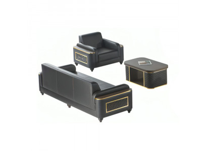 Black 3-seater sofa, armchair, brown coffee table, modern design, study room