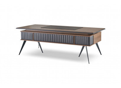 Rectangular office desk, brown and gray two-tone with drawers, modern.