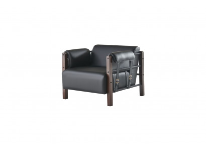 Black armchair, modern armchair, wood, leather, soft armrests, 1-seater