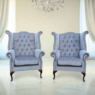 Chesterfield Wing Chair Armchair Couch Sofa Upholstered Seat Lounge Baby Blue Relax