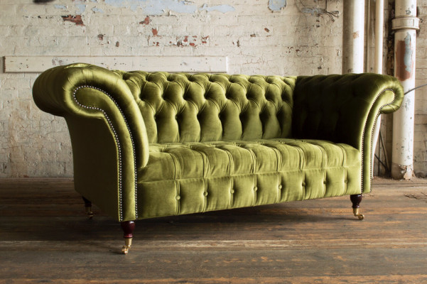 Classic Sofa 2-Seater Chesterfield Couch Textile Velvet Crystals Green Velvet New