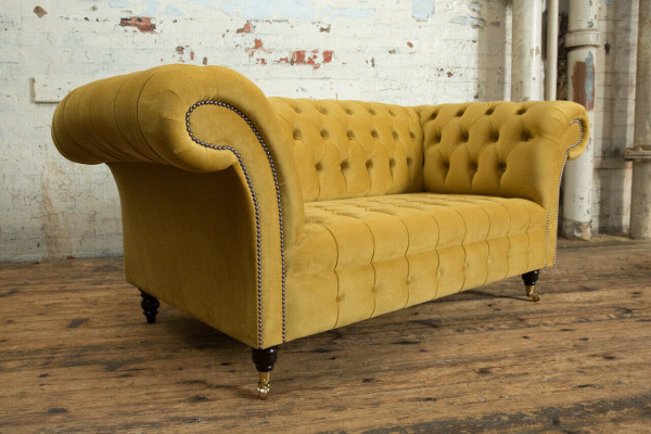 Chesterfield Sofa 2 Seater Upholstered Designer Couches Sofa Set Yellow Velvet New