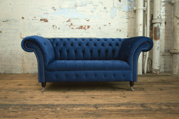 Classic Chesterfield Couch Blue Upholstered Set 2-Seater Sofas Sofa 185cm
