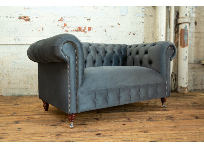 Chesterfield Design Sofa 2-Seater Couch Upholstery Suite Leather Fabric Gray