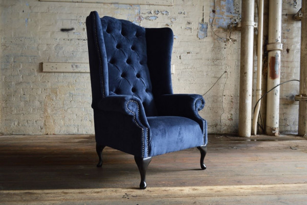 Blue wingback armchair Chesterfield sofa couch upholstery 1-seater armchair sofas textile