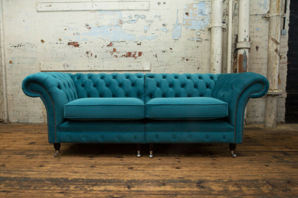 Chesterfield sofas 3-seater couch upholstery seat textile fabric leather couches turquoise